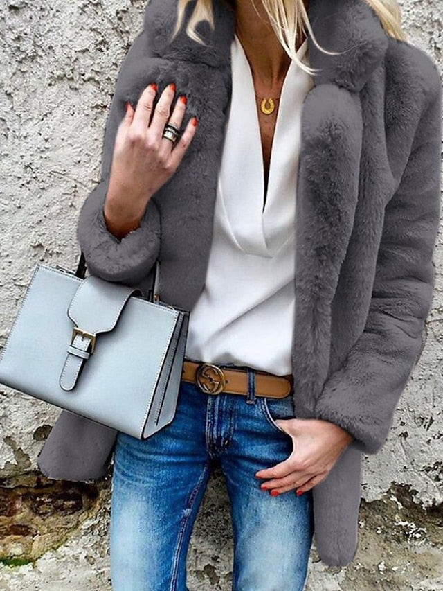 Fur Comfortable Casual Women's Going Coat Collar Plain Warm