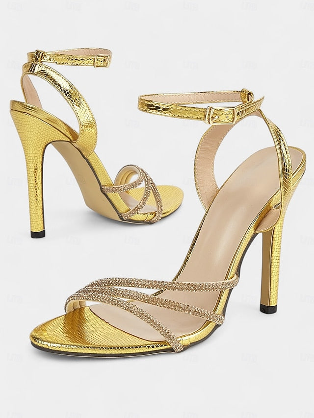 Rhinestone-Embellished Open-Toe Stiletto Women Gold Sandals for