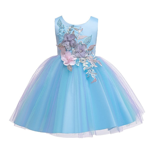 Purple Floral Blue Party Lace Girls' Dress Blushing Kids