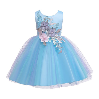 Purple Floral Blue Party Lace Girls' Dress Blushing Kids