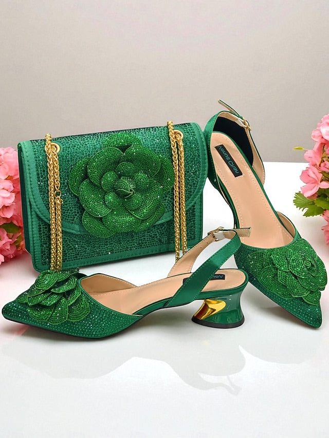 Slingback Women's Gold Matching Pumps with Rhinestone