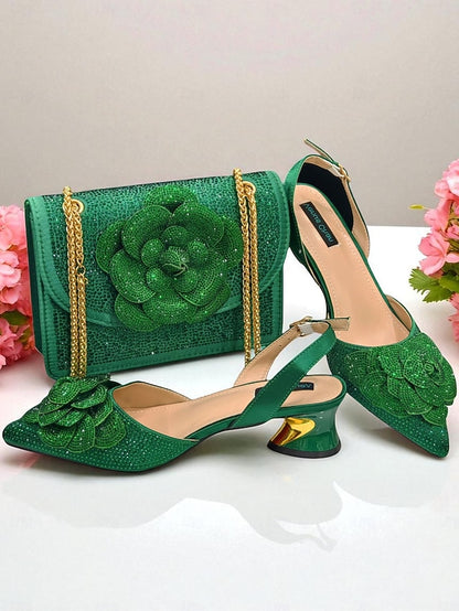 Slingback Women's Gold Matching Pumps with Rhinestone