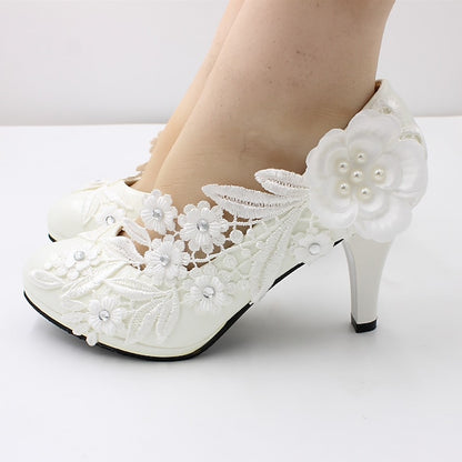 Heels Women's Floral Embellishments Lace – White Wedding