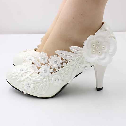 Heels Women's Floral Embellishments Lace – White Wedding