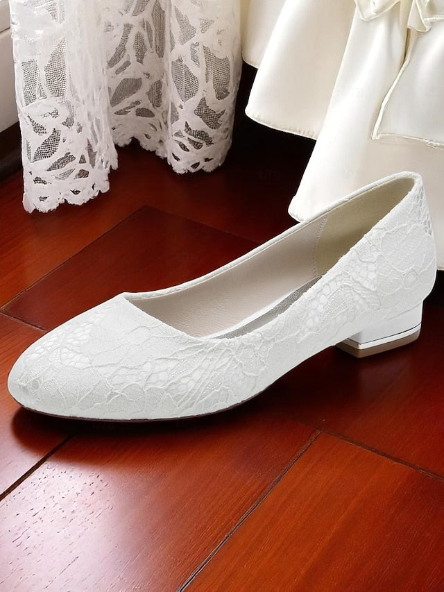 Women's Lace Wedding Flats Heel Ivory Low