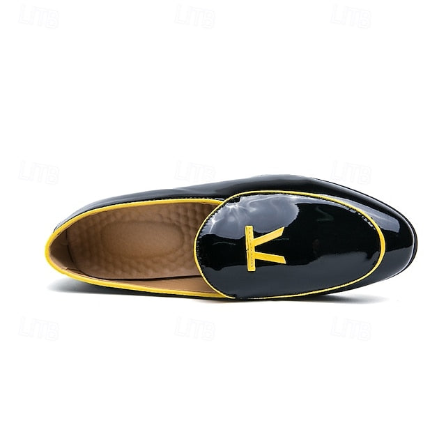 Men's Trim Yellow Faux Black Loafers Patent with Leather