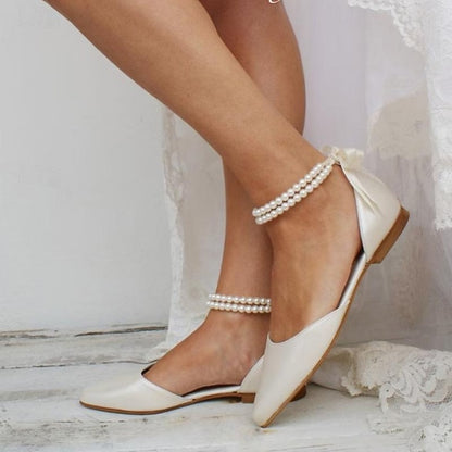 Pearl Ankle – Bridal Strap Flats Women's White Elegant