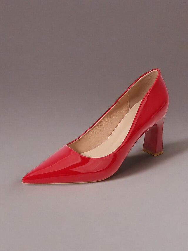 Leather Block Heel Glossy Pointed-Toe Pumps Green Patent Faux