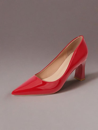 Leather Block Heel Glossy Pointed-Toe Pumps Green Patent Faux