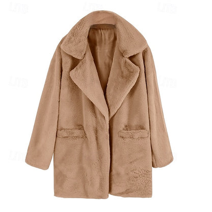 Coat Faux Casual Fur Warm Pocket Comfortable Women's