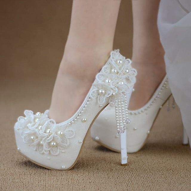 Heels Lace Wedding Platform with Floral Women's White