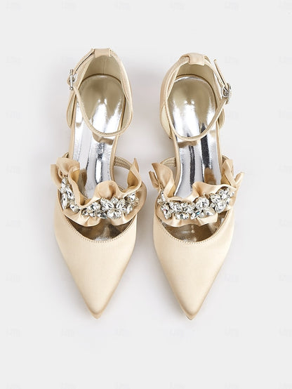 with Pointed-Toe Black Satin Women's Rhinestone Flats