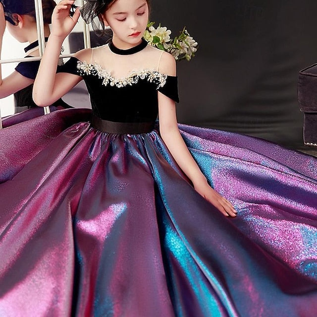 Kids Sleeve Dress Party Girls' Solid Short Color