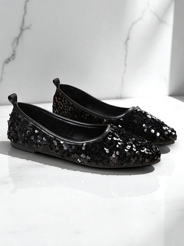 Pointed Sparkly Women's Toe Ballet Flats - Sequin Black