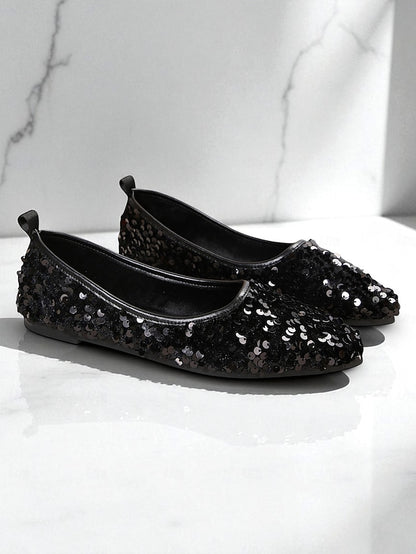 Pointed Sparkly Women's Toe Ballet Flats - Sequin Black