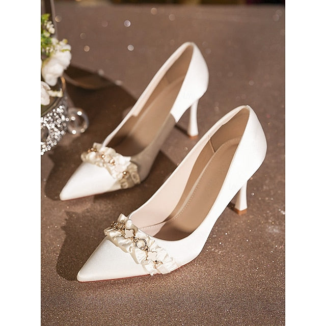 Heel Women's Toe with High Ruffle Pointed Pumps Satin White