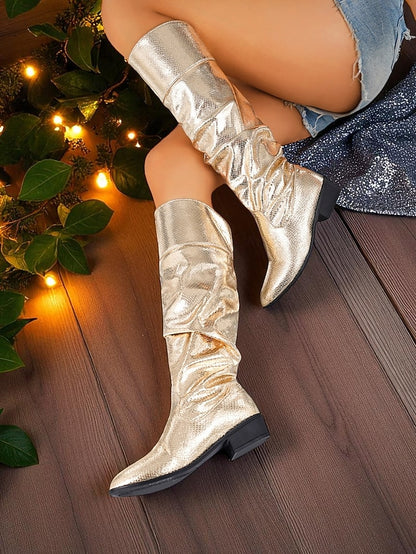 Women's Party High - Gold Boots Shiny Knee Metallic Slouch