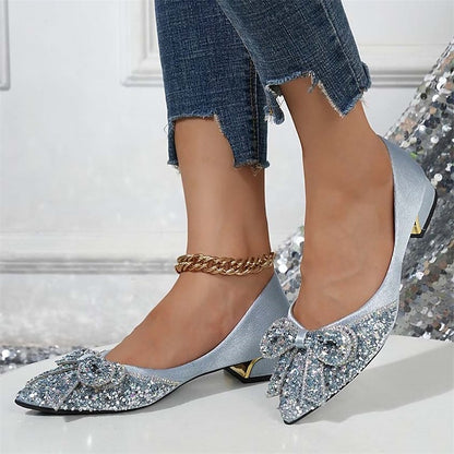 Rhinestone Elegant Women's Bow with - Glitter Detail Flats