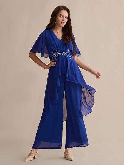 Wedding Cuff Guest Royal Blue Embroidered Chiffon Sequin Flare