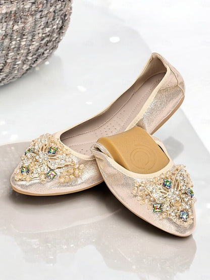 Flats with Women's Foldable Crystal Glitter Gold