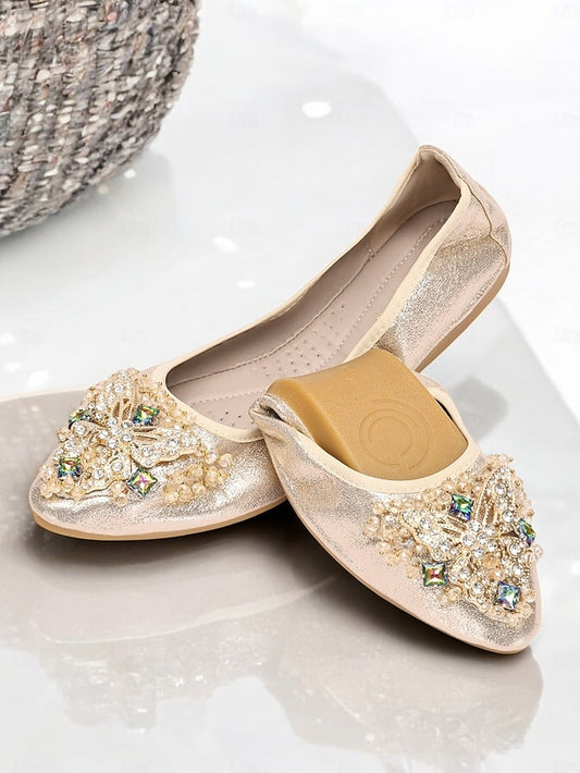 Flats with Women's Foldable Crystal Glitter Gold