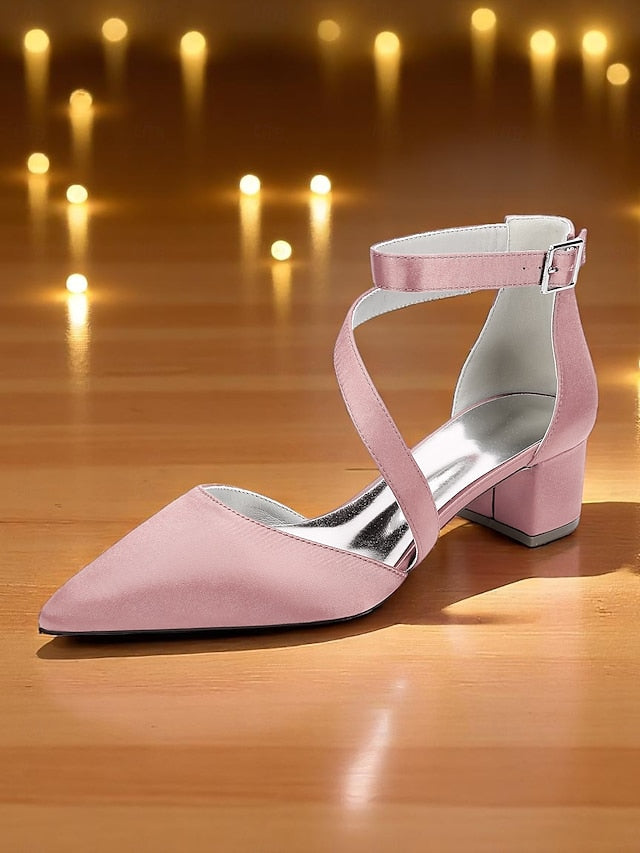 - Champagne Satin Pointed Toe Block Women's Heels