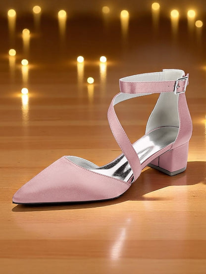 - Champagne Satin Pointed Toe Block Women's Heels