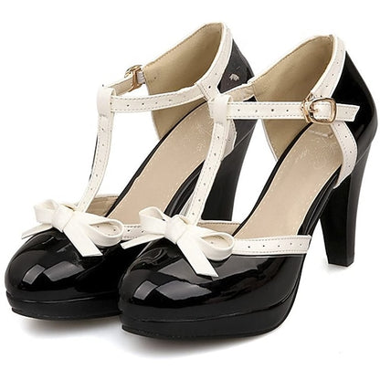 Black T-Strap Patent High Leather White with Women's Heels
