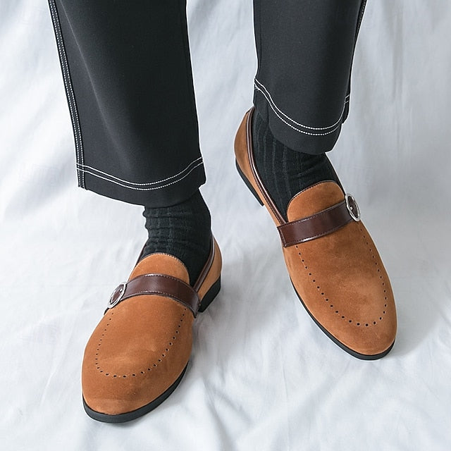 Slip-On Strap Brown Faux Loafers with Suede Buckle Men's