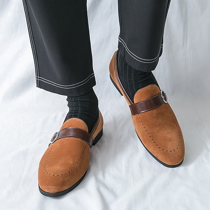 Slip-On Strap Brown Faux Loafers with Suede Buckle Men's