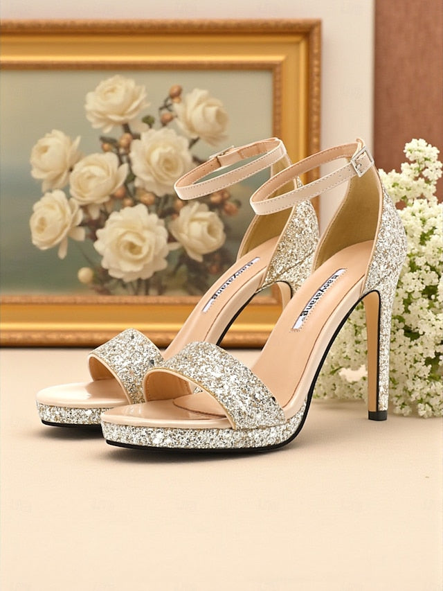 with Women's Strap Glitter Sandals High Silver Heel Ankle