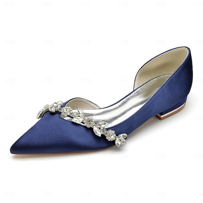 and Crystal with Satin Shoes White Toe Pointed Flat Wedding