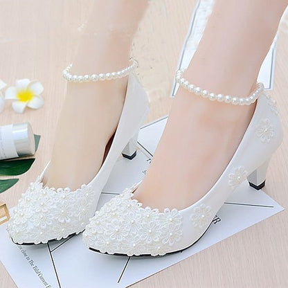 Lace Decorated Heels Women's Wedding – White Floral Pearl