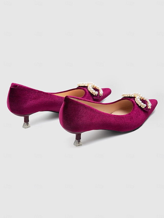 - Pumps Burgundy Kitten Pearl with Heel Bow Women's Velvet