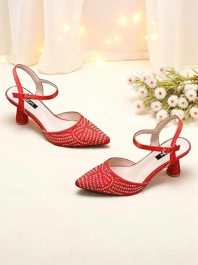 Women's Pointed Rhinestone Toe Heels Red Slingback