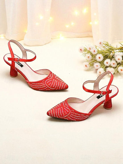 Women's Pointed Rhinestone Toe Heels Red Slingback