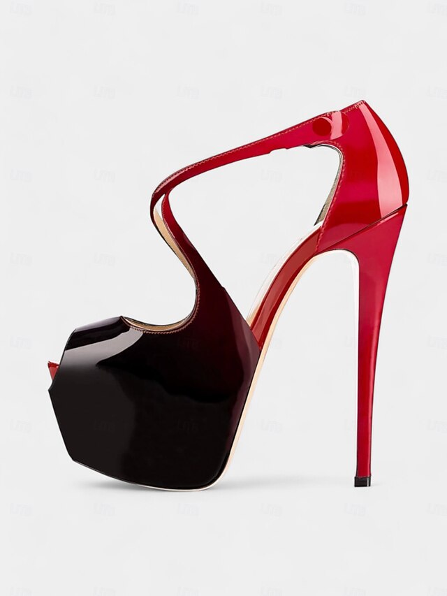 and Stiletto Cross with Platform Black Leather Patent Red Heels