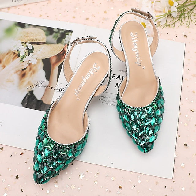 Heels Women's Crystal Slingback High Rhinestone Pointed-Toe