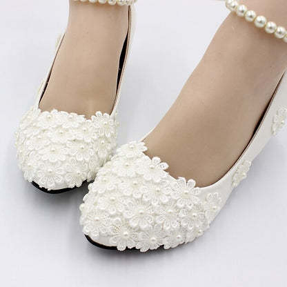 Lace Decorated Heels Women's Wedding – White Floral Pearl