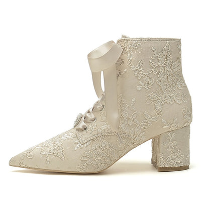 Booties – Embroidered Floral Women's White Lace-Up Bridal