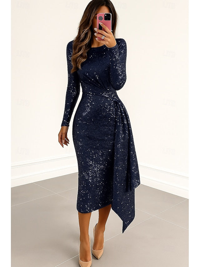 Elegant Red Sequined Dresses Black Formal Dress Column Cocktail