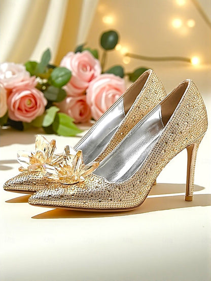 Women's Gold - High Embellished Heel Pumps Sparkly Crystal