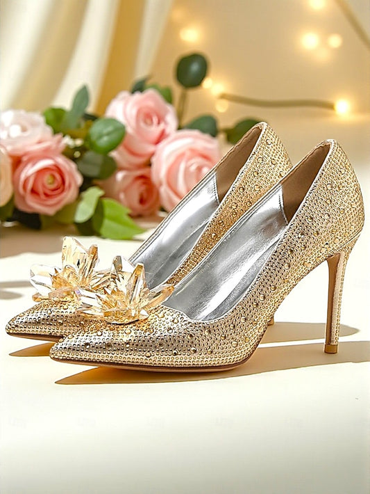 Women's Gold - High Embellished Heel Pumps Sparkly Crystal