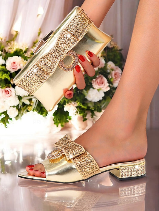 Clutch Matching with Gold Bow – Sandals Rhinestone Flat