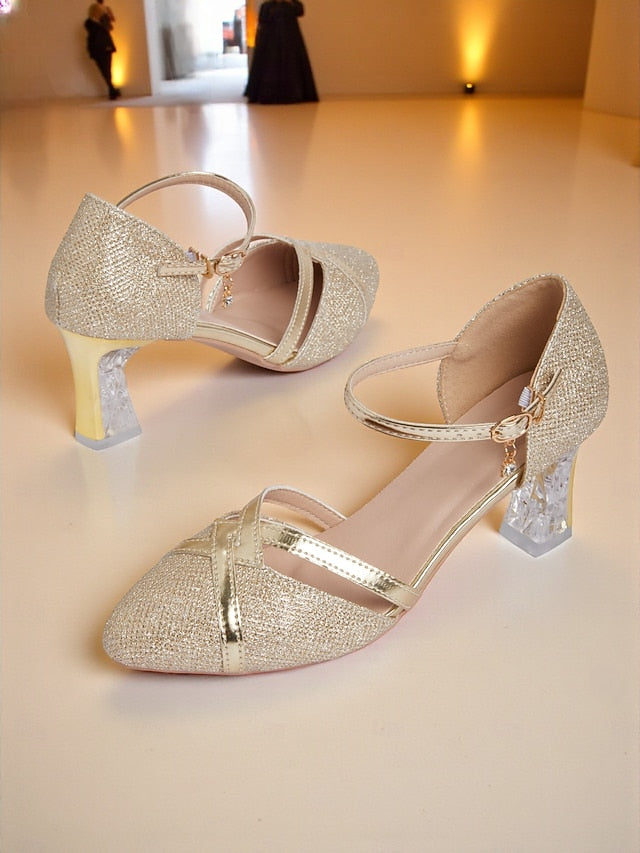Gold - Strap Women's Pumps Glitter Heel Elegant Ankle Block