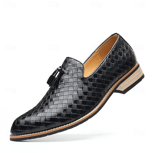 with Tassel Leather Faux Detail Men's Loafers Woven Black