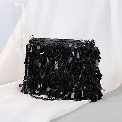 Fringe Crystal and Luxurious with Black Sparkling Clutch Evening