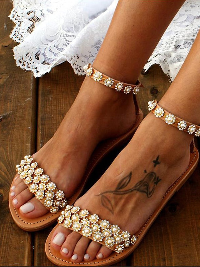 with Sandals Boho Beaded Chic Ankle for Floral Straps Flat