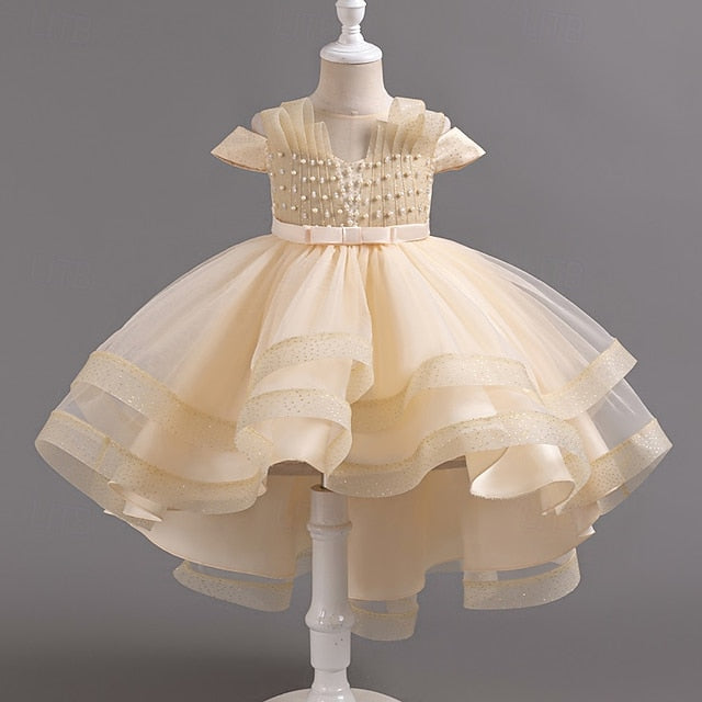 Sleeve Girls' Party Color Wedding Dress Kids Solid Short