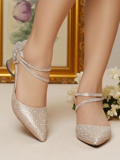 Rhinestone Heel Glitter Ankle Low Strap Toe Pointed Women's